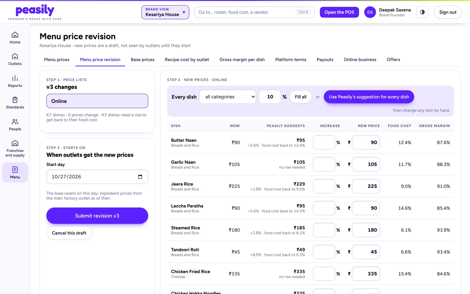 Menu price revision in Peasily, with separate online prices and Peasily's suggested price